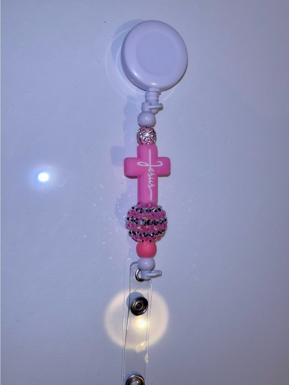 Pink Jesus Cross Badge Reel with Beaded Accent